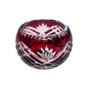 Vintage Ruby Red Cut to Clear Crystal Rose Bowl Votive Holder Starburst Base 4in